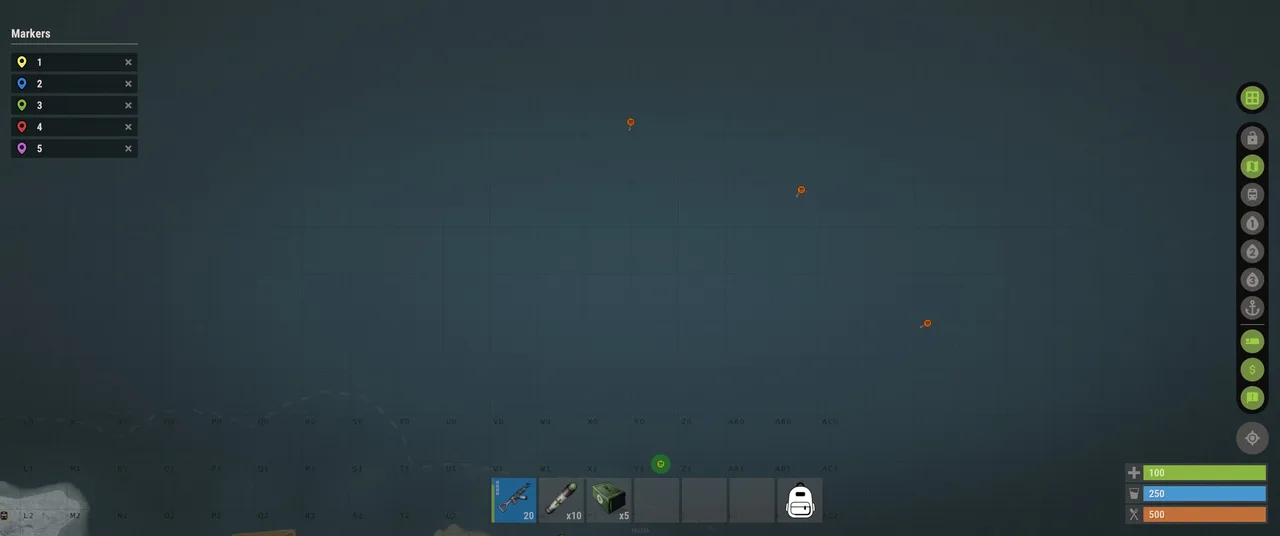 Rust map screen showing Markers 1–5, colored map pins, and HUD values 100, 250, 500.