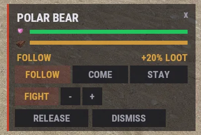 In-game POLAR BEAR pet menu shows FOLLOW, +20% LOOT, COME, STAY, FIGHT, RELEASE and DISMISS.