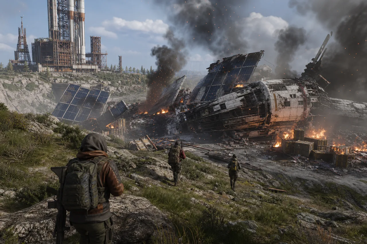 Concept scene of survivors approaching a satellite crash event