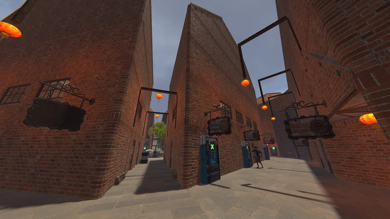 RustAddicted Manor brick alley with hanging signs, red lanterns, vending machines, and RUSTADDICTED MANOR text.