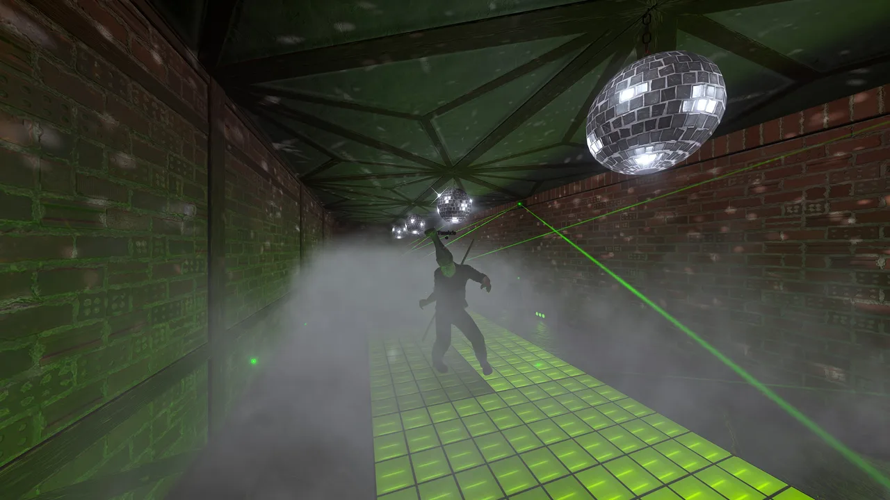 RustAddicted Manor corridor with disco balls, green lasers, fog, and a dancing figure.