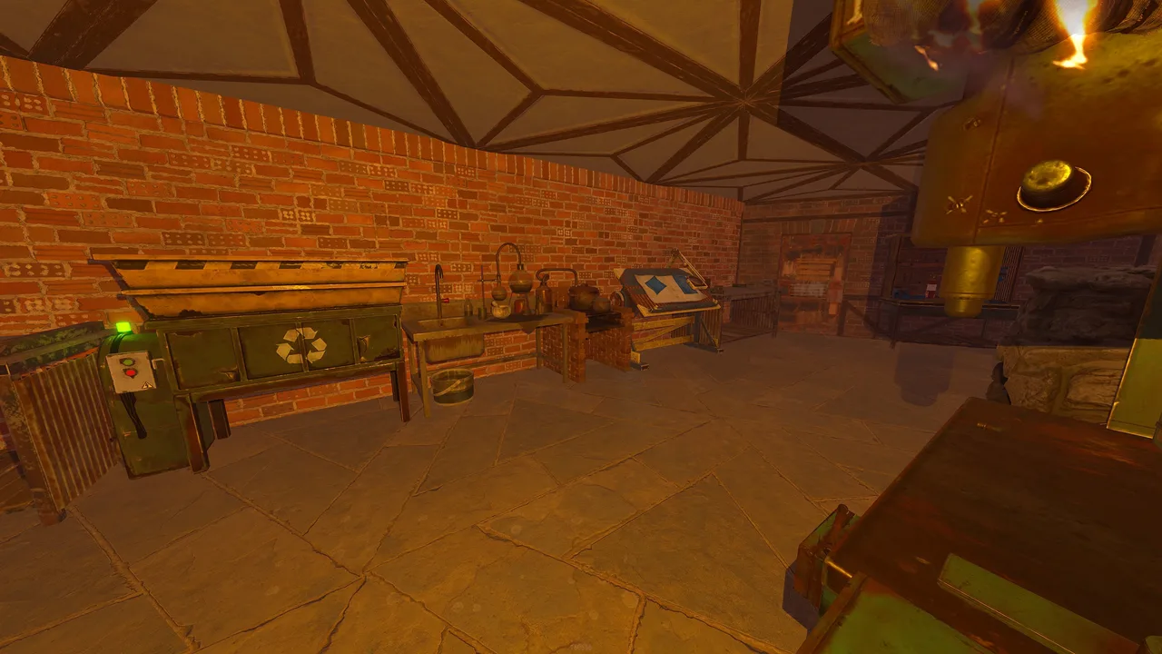 Rust industrial workshop interior with brick walls, workbenches, machinery, pipes, and warm orange lighting
