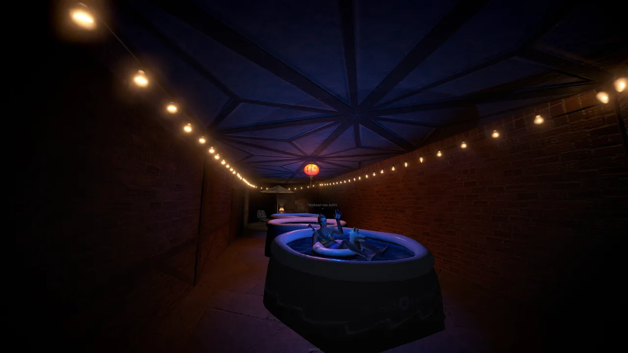 Dark brick corridor with hot tubs, string lights, and text reading Maverick von Ash