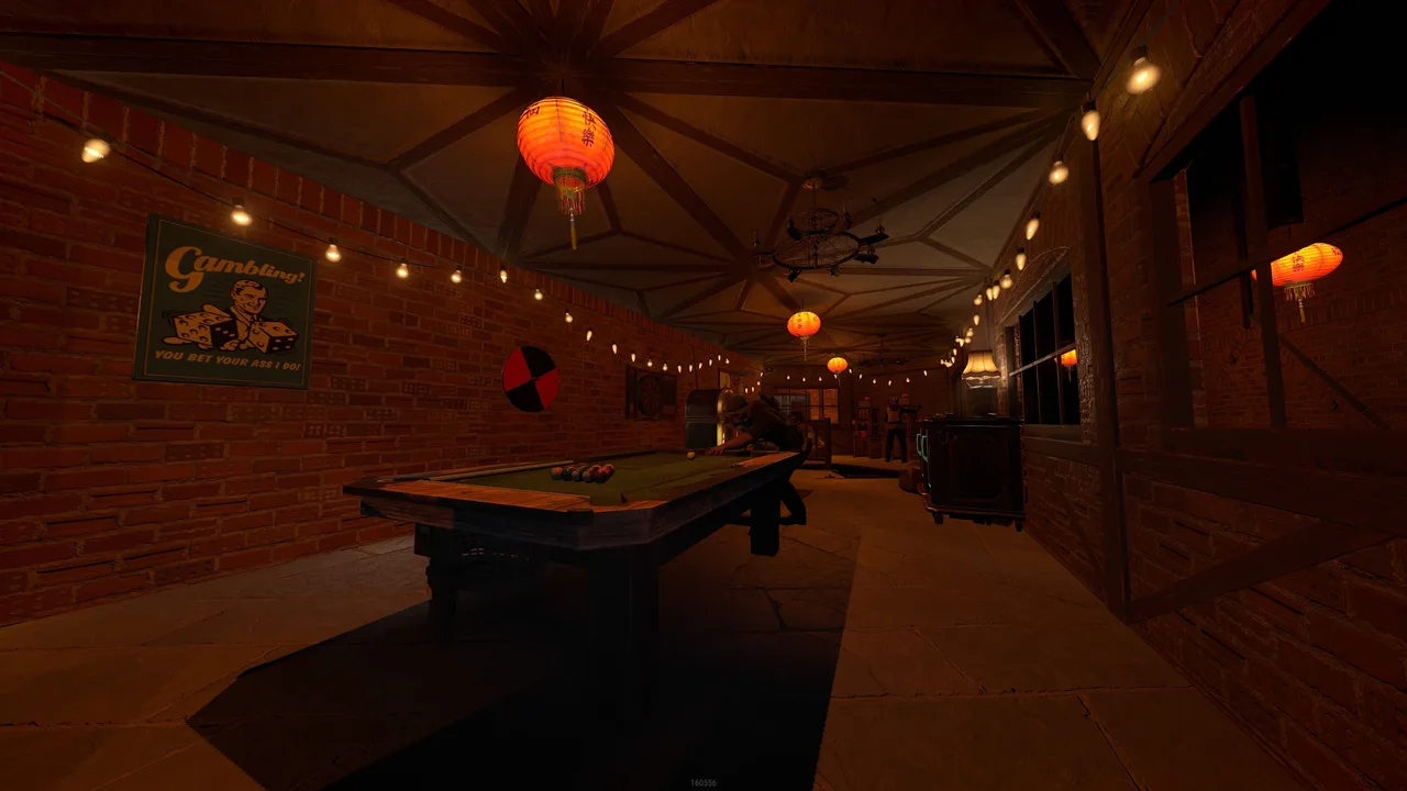 Gambling room with pool table, lanterns, and sign: Gambling! You bet your ass I do!