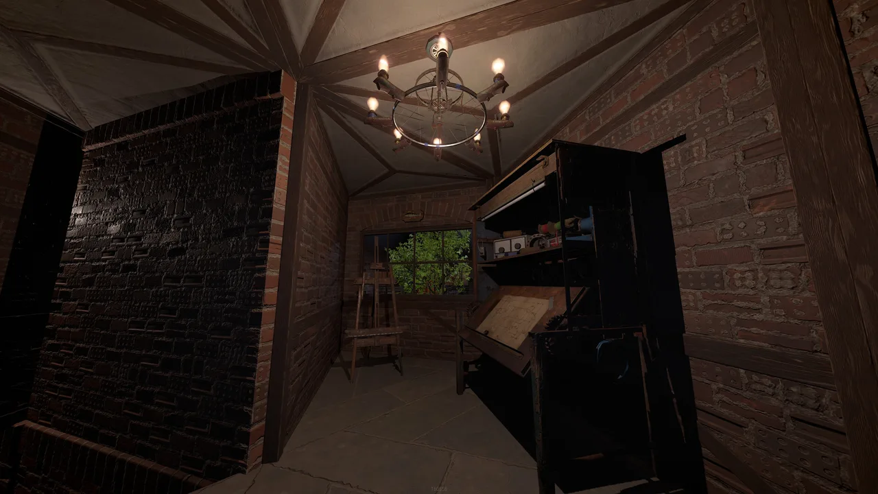 RustAddicted Manor interior with brick walls, chandelier, window, shelves, and a drafting table