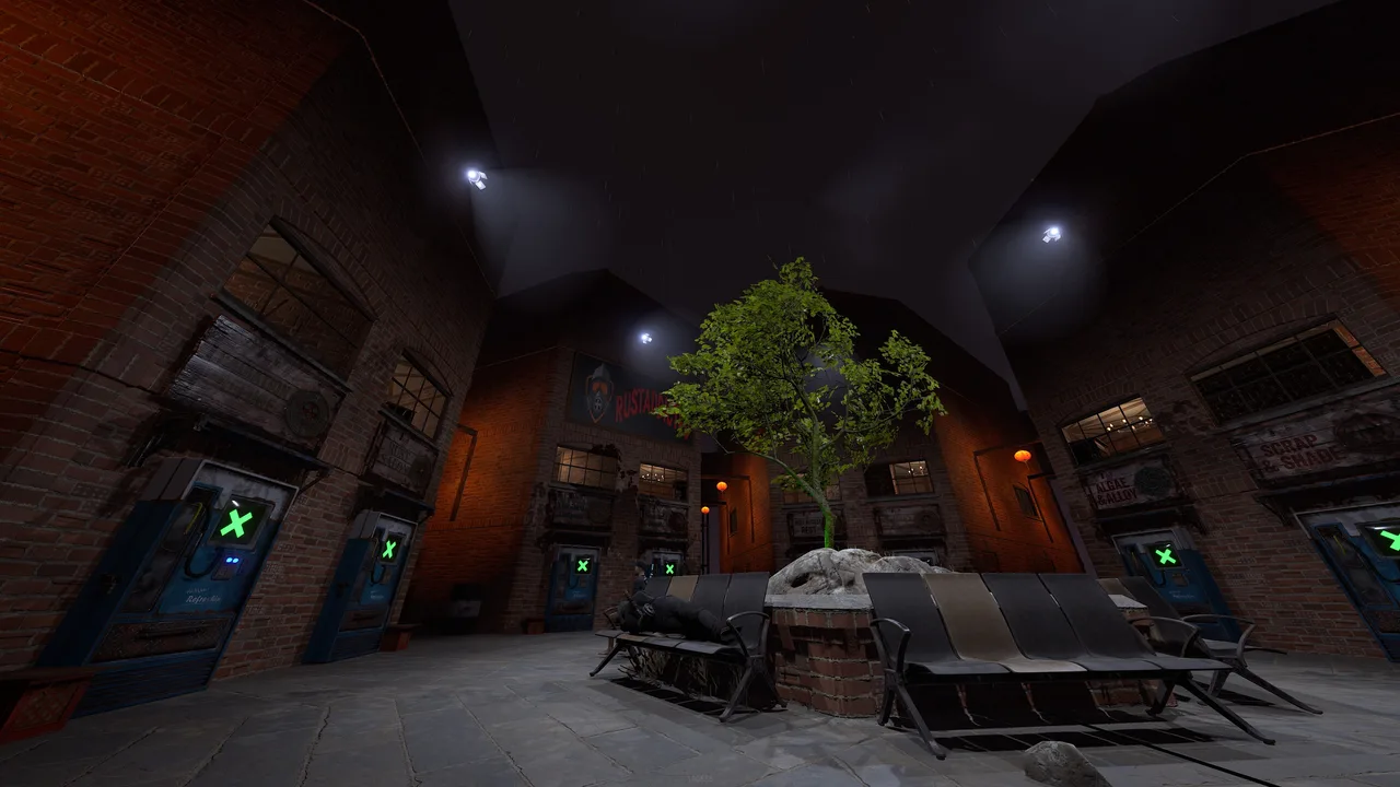Brick manor courtyard with tree, benches, vending machines, and a visible RUSTADDICTED sign.