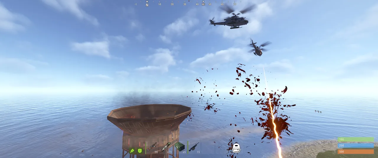 Rust gameplay shows two helicopters over ocean, blood splatter, and HUD numbers 100, 250, 500.