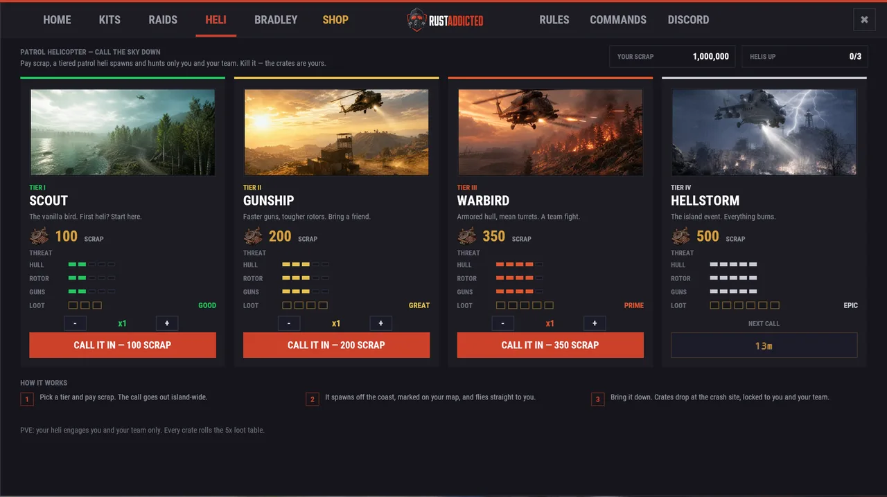 Rust Heli Tiers panel showing SCOUT, GUNSHIP, WARBIRD, and HELLSTORM with 100–500 Scrap call buttons.