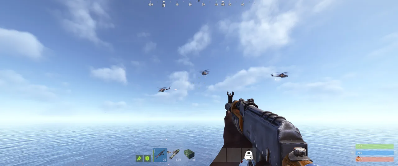 Player aims a rifle at three helicopters over the ocean; HUD shows 100, 250, 500.
