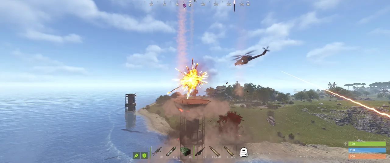 Rust gameplay: helicopter attacks a coastal tower amid explosions; HUD shows 100, 250, 500.