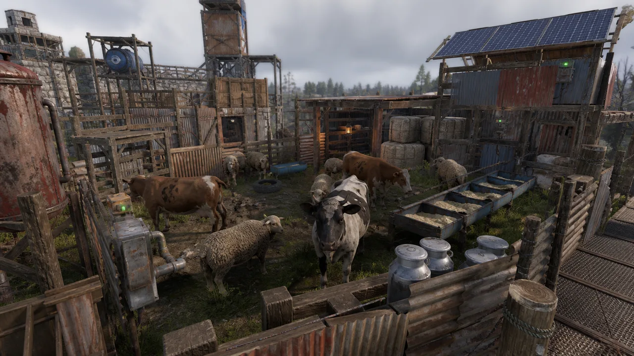 Cows and sheep inside a fortified Rust livestock base