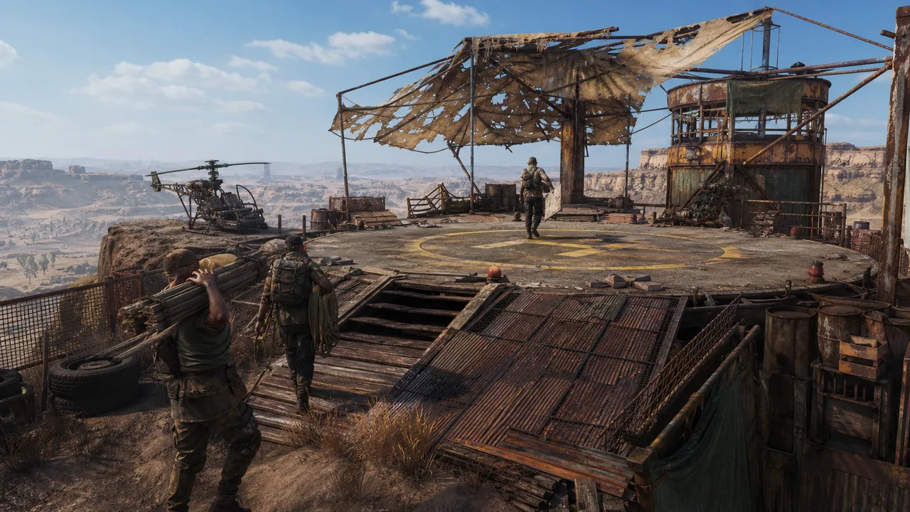 Players preparing to repair a damaged Airwolf helipad in Rust