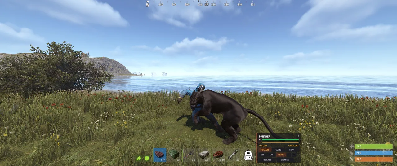 Rust player with panther companion by the coast; interface shows PANTHER, FOLLOW and +30% LOOT