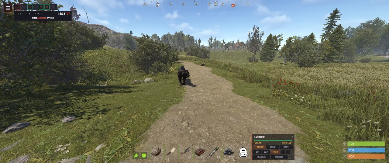 Rust gameplay shows panther on a forest path; PANTHER, FOLLOW and +30% LOOT appear onscreen.