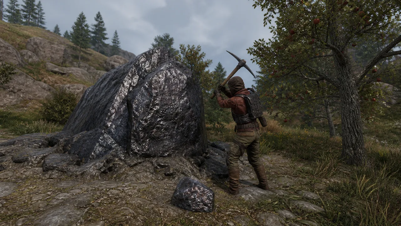A Rust player mines a rumored HQM node beside a wild apple tree